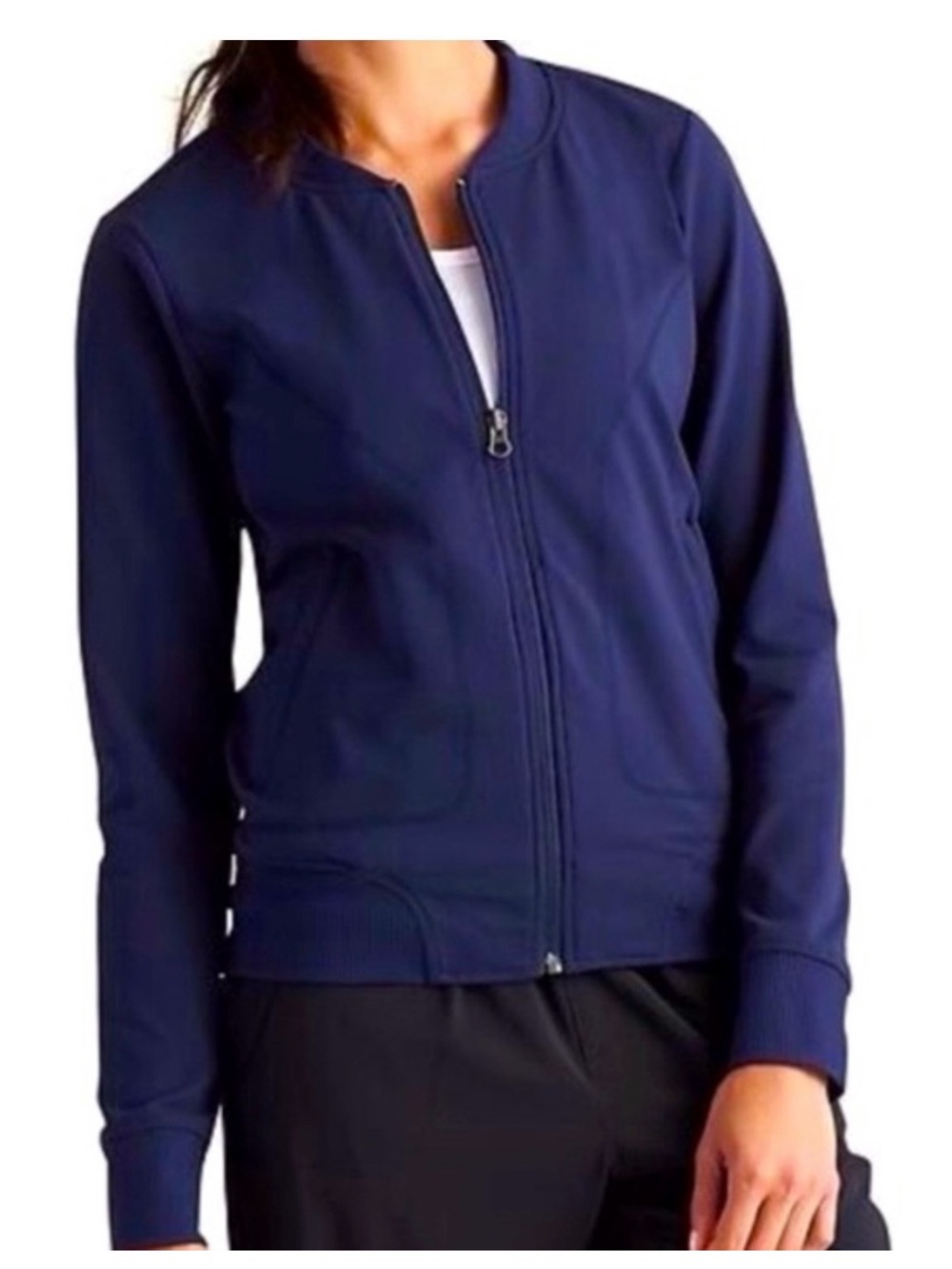 Athleta “La Breezy” lightweight bomber jacket in classic navy blue UPF 50+